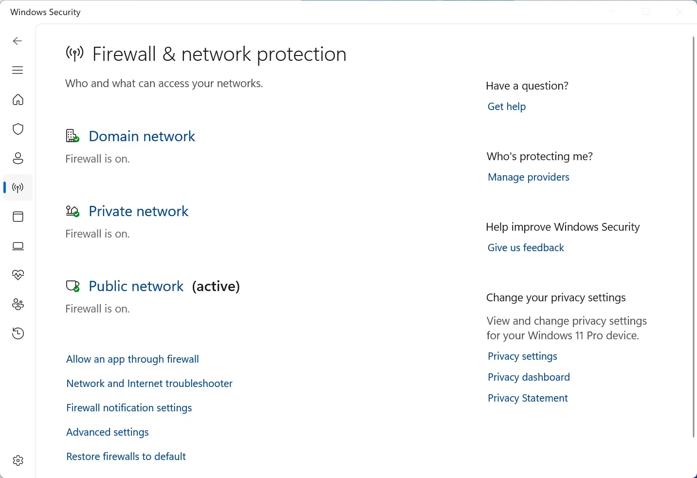Windows Firewall settings showing protection enabled for all network types